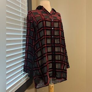 Foxcroft Red and Black Striped Plaid Velvet Sheer Blouse